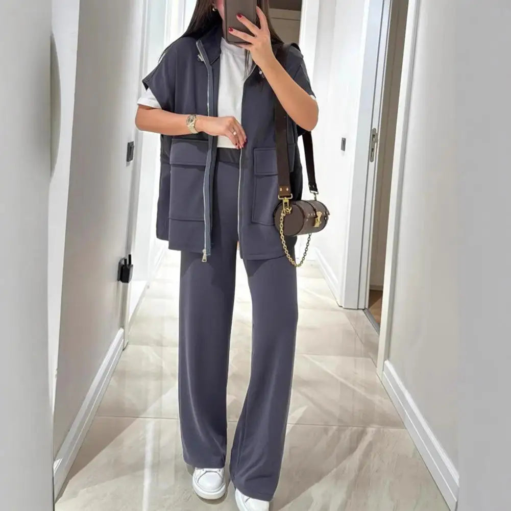 Women's Two Piece Outfit Casual Full Zip-up Short Sleeve Shirt And Wide Leg Pants Set Office Casual Lounge Tracksuit