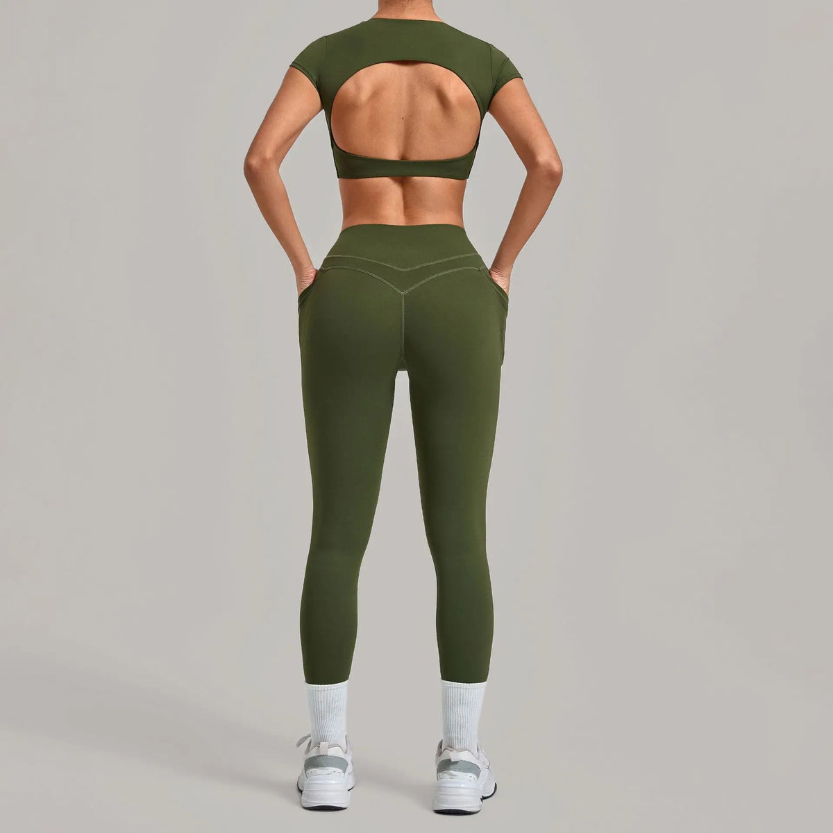 Yoga Set Women's Tracksuit Short Sleeve Back Hollow Out Sports Top Athletic Wear Tight High Waist Pocket Leggings Fitness Suits