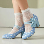 Plus Size 33-48 Sweet Polka Dot Mary Jane Heels Shoes Women Pink Blue Side Bow Tie Round Toe Chunky Block Heel Cute Lolita Pumps