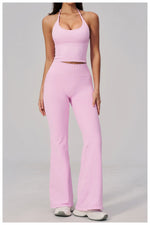 New Yoga Sets Women Summer Seamless Thread Hanging Neck Sports Vest Exercise Fitness Suit High Waist Wide Leg Pants Tracksuit