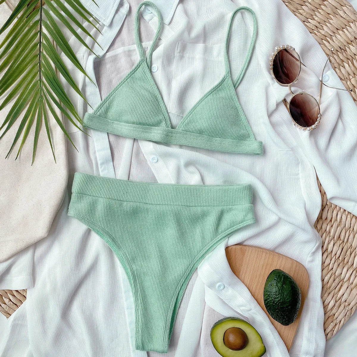 DEKA Brazilian Solid High-Waist Ribbed Bikini Sets V Neck Swimsuit Women Sexy Two Pieces Swimwear New Beach Bathing Suits Women