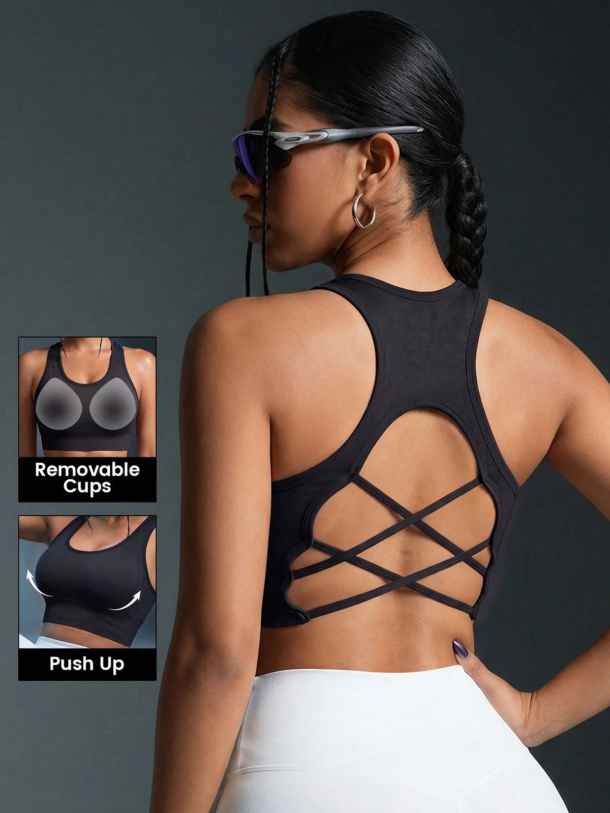 1PC Women Sports Bra Seamless Wireless Racerback Criss Cross Strappy Backless Yoga Crop Top Wide Strap Workout Gym Vest