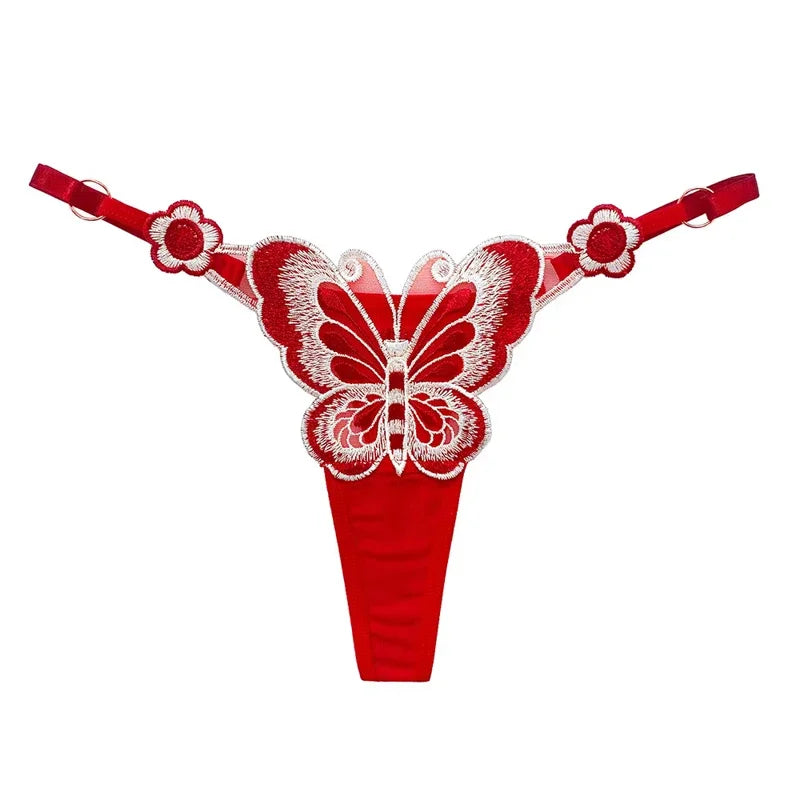 Women Butterfly Embroidery Thong Panties Sexy Lace G String Adjustable Strap Low Rise Underwear Soft Breathable Lingerie