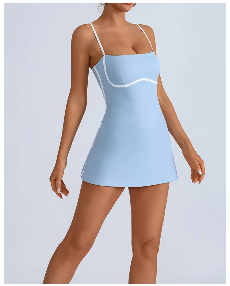 Women's Tennis Dress Summer Sleeveless Pink Contrast Workout Yoga Dresses Build in Shorts Fashion Tight Fitting Skirts Suit