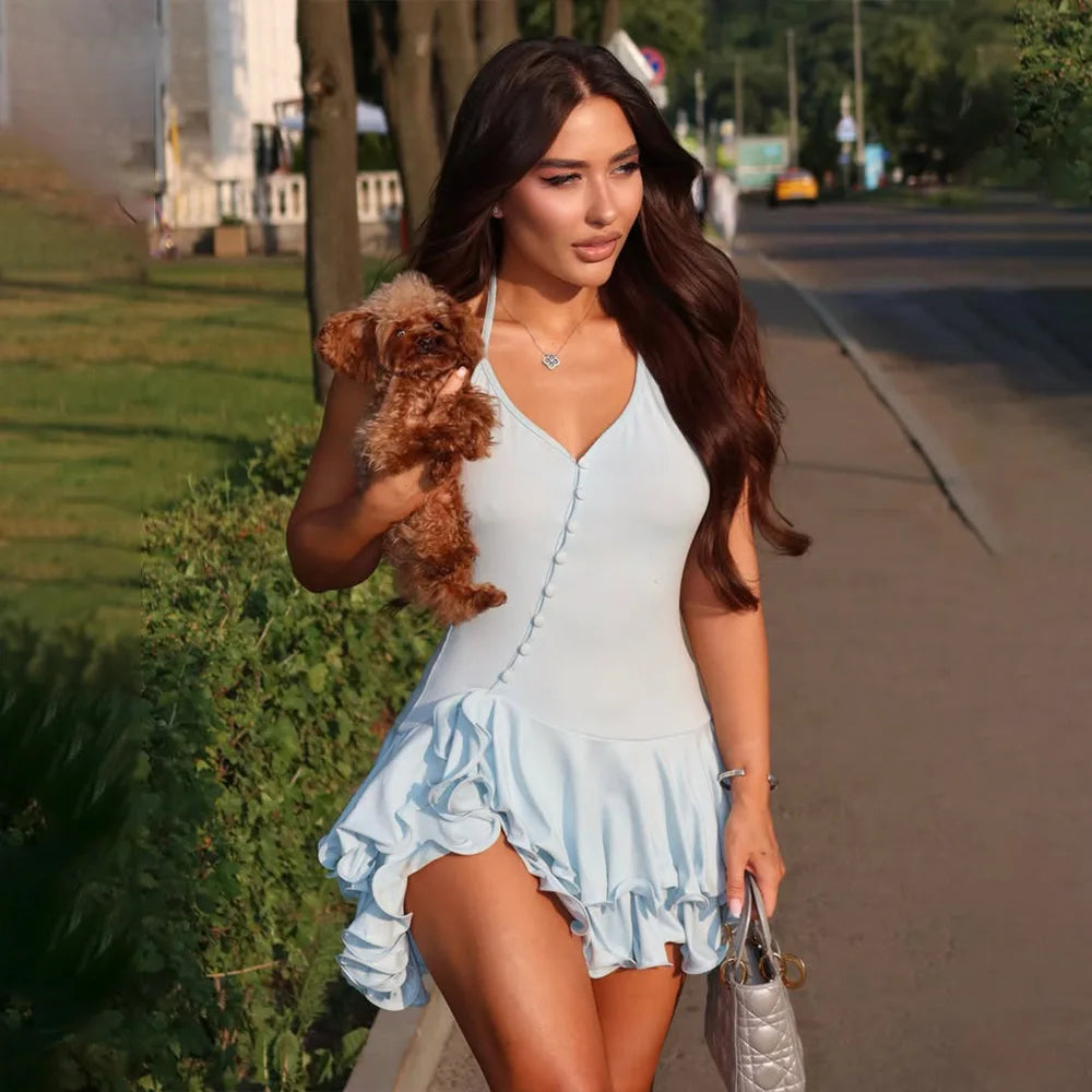 Hot Girl Slim Halter Neck Mini Dress Solid Color V-neck Single-breasted Layered Ruffles Bodycon Short Dresses Fashion Female New