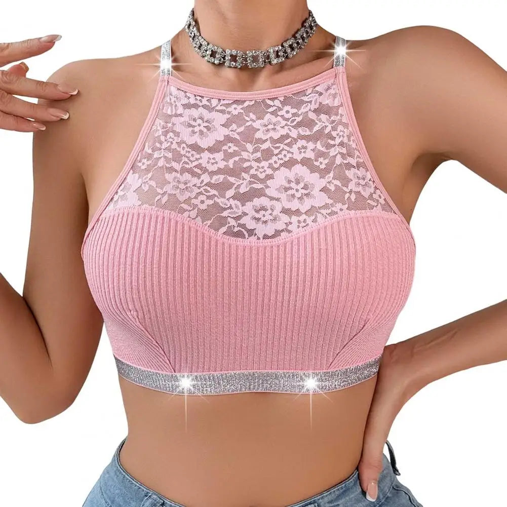 Women Vest Bra See-through Halter Neck Flower Backless Sports Style Knitted Elastic Crop Top Bra for Yoga Gym Running