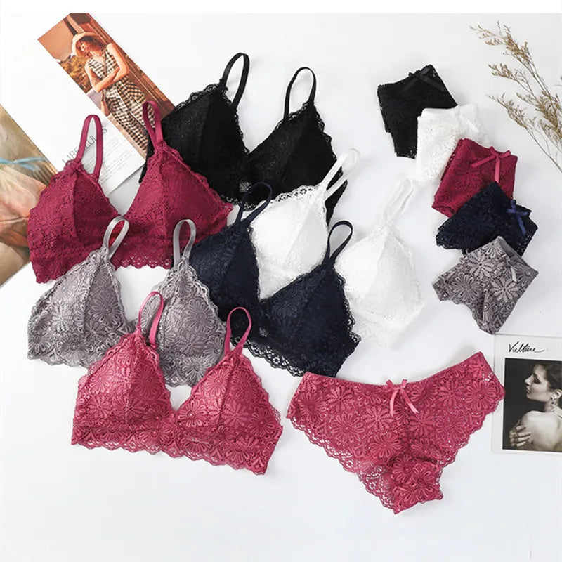 Women Floral Lace Bra And Panties Set Wire Free Bralette Low Rise Briefs Sexy Lingerie Set Ladies Lace Underwear Set