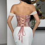 Retro Red Floral Print Corset Tank Top Sexy Back Criss Cross Bandage Bustier Lace Trim Night Club Party Slim Fishbone Camisole