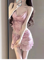 New Korean Style Bikini Set Women Pink Gradient Ruffles Push Up Mesh Skirt 3 Piece Swimsuit Summer Bathing Suit Holiday Swimwear