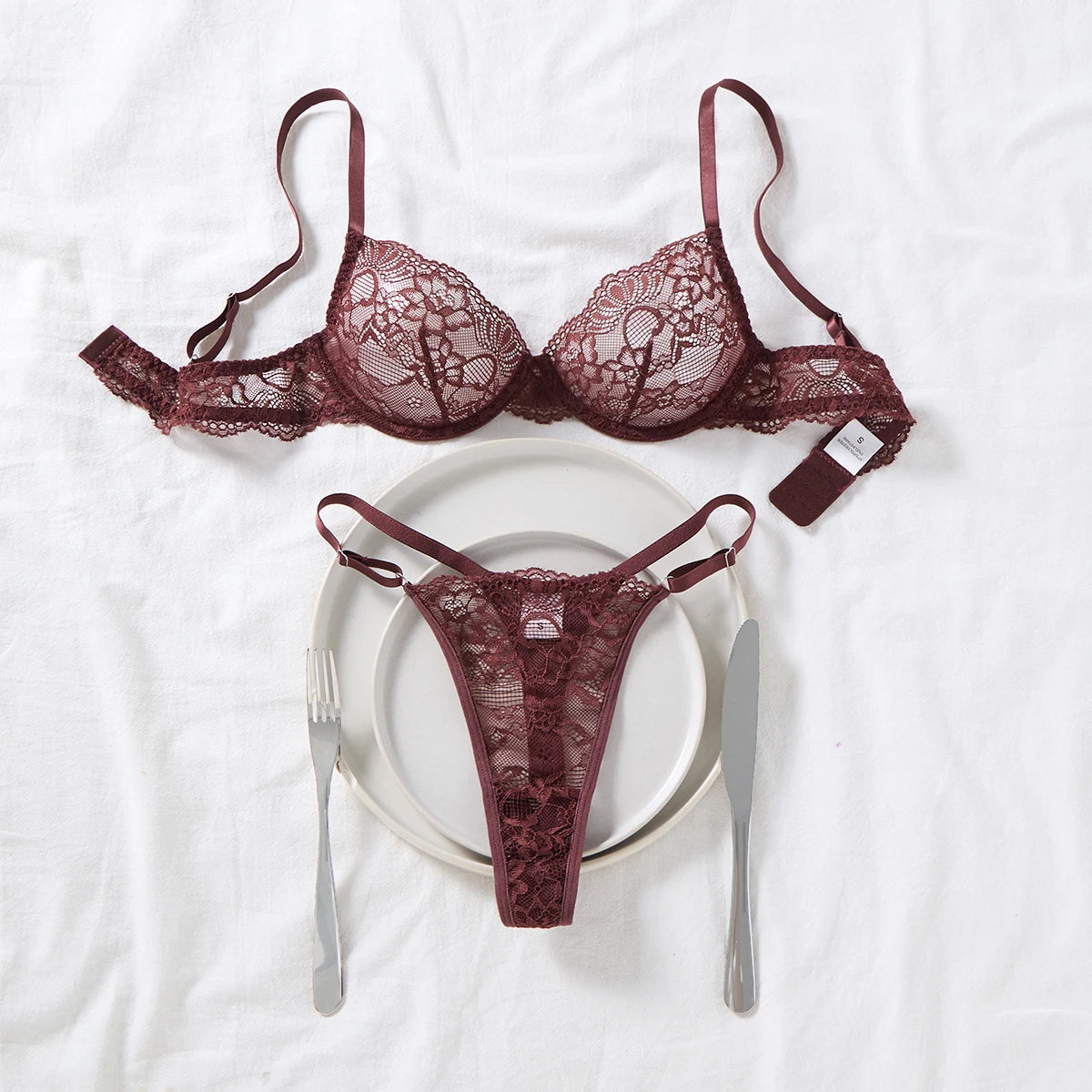 Deep Brown Lace Sexy Deep V Bra And G-string Transparent Hollow Design Women's Underwear Set Costume/Intimate Wear