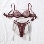 Deep Brown Lace Sexy Deep V Bra And G-string Transparent Hollow Design Women's Underwear Set Costume/Intimate Wear