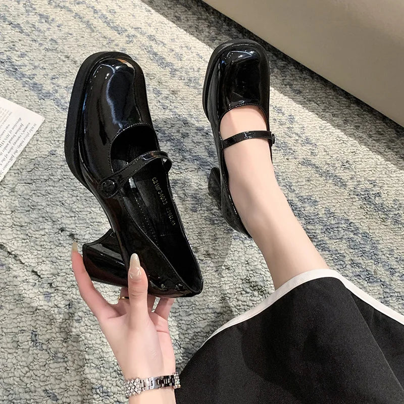 2026 New Patent Leather Brown Shoes Vintage Thick High Heels Mary Jane Shoes Women Woman Square Toe Chunky Heels Pumps Mujer