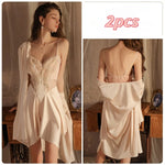 2pcs Sexy Low Cut Gathered Chest Pad Mesh See through Backless Plus Size Nightgown Robe Home Wear Set Translucent Nightdress