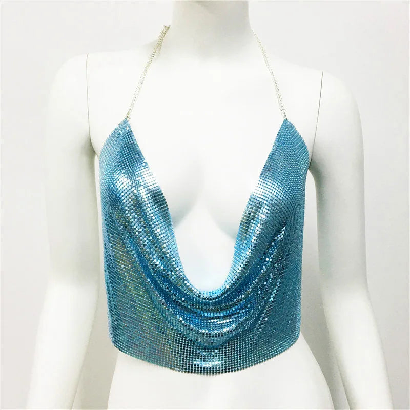 DEKA Bling Bikini Tops Deep V Neck Vest Backless Sequins Women Crop Top Night Club Diamonds Metal Tank Adjustable Halter Shiny