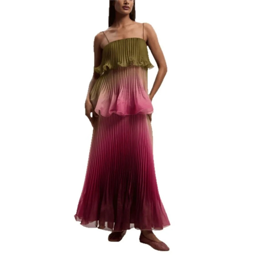 MsChuh Vestidos 2026 Woman Dress Vestido Dresses Spaghetti Strap Temperament Playful Gradient Ruffles Sleeveless Pleated Holiday