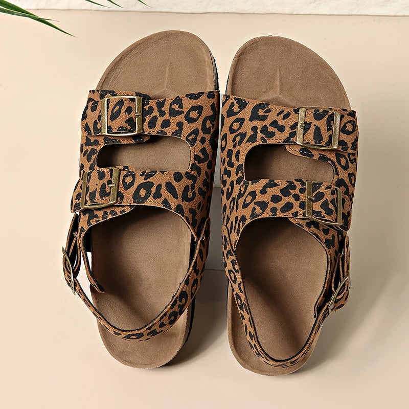 Fashion Bukcle Leopard Print Sandals Women 2025 Summer Back Strap Platform Sandles Woman Comfortable Plus Size Beach Sandalias