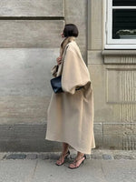 Women's Elegant Faux Suede Long Jacket Stand Collar Bat Sleeve Solid Overcoat Outwears 2025 Autumn Winter Female Streetwears