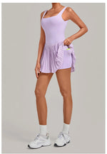 Naked Fake Two Piece Tennis Dresses with Pocket Bottom Women Back Hollow Out Pleate Skirts Outwear Square Collar Golf Yoga Dress