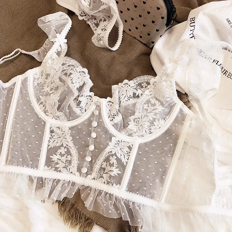 Women's French Lace Lingerie Set Sexy Ultra Thin See Through Bra & Thong Shaping Camisole Embroidery Underwear Set Hot Tushy P P