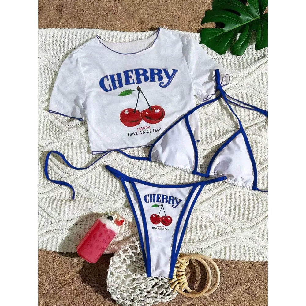 2026 Sexy 3 Piece Women Swimsuit Short-sleeve Cover-up Swimwear Summer Print Bikini Set Brazilian Beachwear Party Bathing Suit