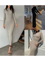 Women Spring Autumn Solid Color Bodycon Knit Dress Long Sleeve Crew Neck Ribbed Dress Slim Fit Long Dress