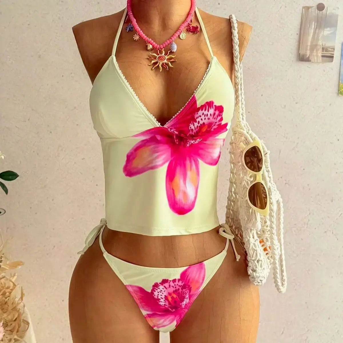 DEKA Brazilian Lace-up Bikini Set Lady Yellow Swimwear Women Strapped Print Tankini Set Backless Swimsuit Summer Beach Bath Suit
