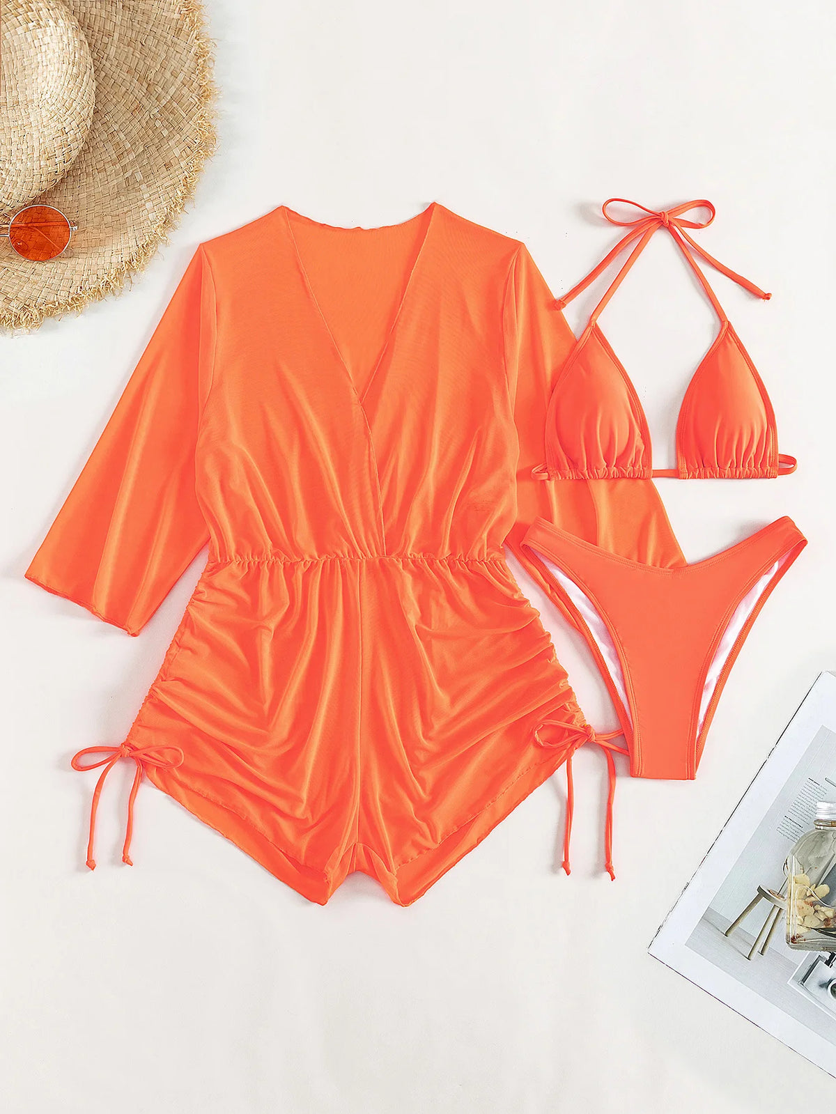 Sexy Long Sleeves Cover Up Bikini Set Women White Black Push Up Mesh Dress 3 Piece Swimsuit Bathing Suit Thong Swimwear 2026