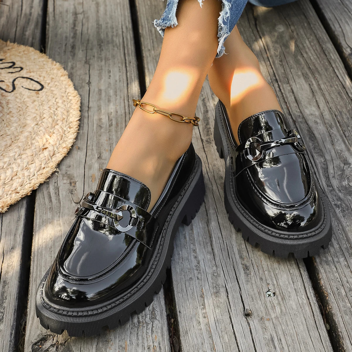 Women Chain Buckle Chunky Lug Sole Loafers, Black Patent & Faux Leather Slip‑On Platform Retro Business Casual Shoes