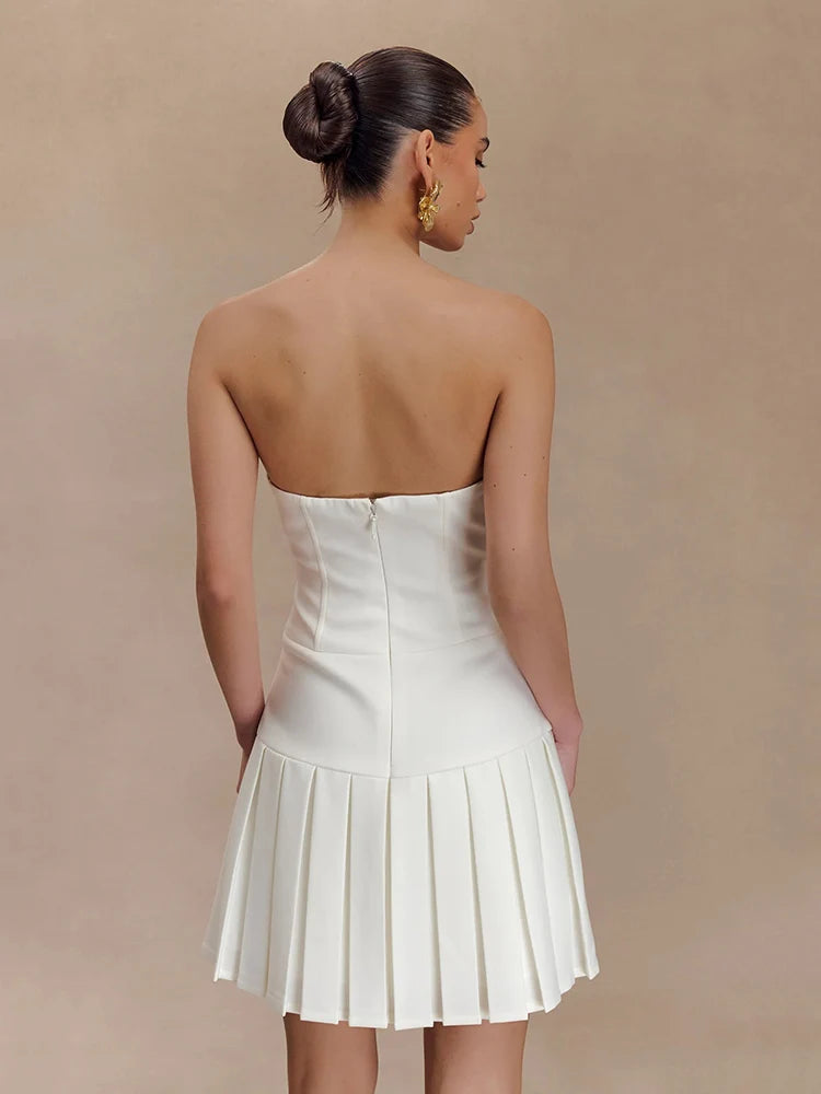 Bowknot Off Shoulder Strapless Party Short Dress for Women 2025 Elegent Lady White Pleated Mini Vestidos Female Backless Dress