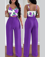 Women's Two Piece Sets Fashion Print Halter V-Neck Short Tank Suit Tops Long Pants Matching Set Summer Casual Female Slim Pants