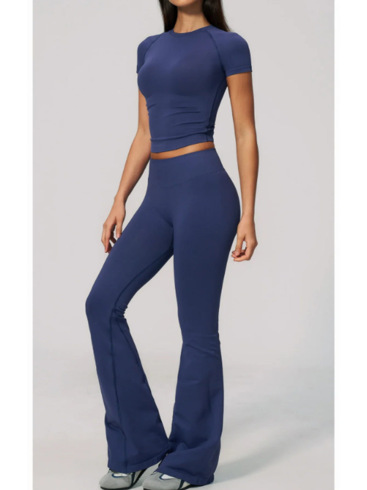 Seamless High Elasticity Yoga Sets Women Short Sleeve O Neck Sports T Shirts Workout Outfits Running Wide Leg Pants Fitness Suit