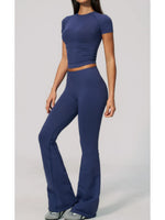 Seamless High Elasticity Yoga Sets Women Short Sleeve O Neck Sports T Shirts Workout Outfits Running Wide Leg Pants Fitness Suit
