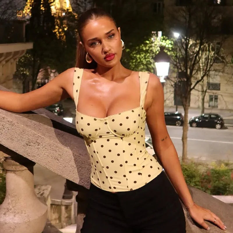 FDYOUI 2026 Summer Women's Polka Dot Camisoles Fashion Sexy Sleeveless T-shirt Backless Slim Corset Female Crop Tops Streetwear