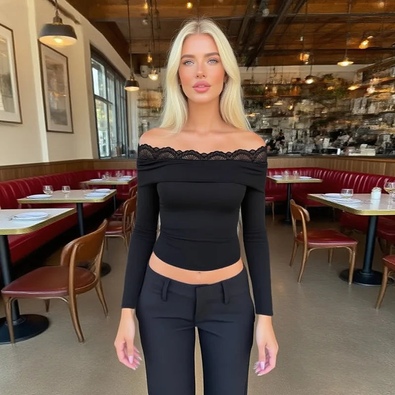 Y2K Streetwear Lace Long-Sleeve Off-Shoulder Top for Women American Style Slim-Fit Hot Girl T-Shirt Lady Spring Autumn Outfit