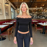 Y2K Streetwear Lace Long-Sleeve Off-Shoulder Top for Women American Style Slim-Fit Hot Girl T-Shirt Lady Spring Autumn Outfit