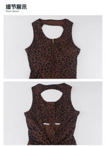 Sexy Brown Leopard Print Yoga Jumpsuit Women Hollow Out Backless Sleeveless Slim Gym Running One Piece Flare Pants Sports Suit