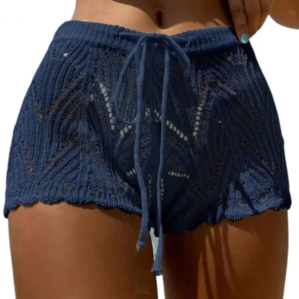 Women Beach Shorts Hollow Out Knitted Lace Drawstring Elastic Waist Soft Breathable Loose High Waist Summer Bikini Shorts