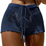 Women Beach Shorts Hollow Out Knitted Lace Drawstring Elastic Waist Soft Breathable Loose High Waist Summer Bikini Shorts