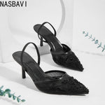 Brand Lace Designer White Women Wedding Pumps Mesh Embroidered Flowers Back Strap Sexy Slingback High Heels Dress Shoes Ladies