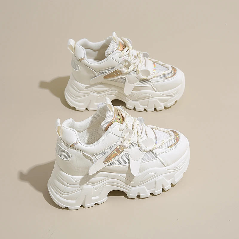 Breathable Chunky White Sneakers for Women Fashion Laser Thick Bottom Vulcanize Shoes Woman 2025 Lace Up Platform Running Shoes