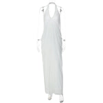 FDYOUI 2026 Summer Backless Ruched White Long Maxi Dress for Woman Elegant Sexy Halter Sleeveless Loose Evening Party Dresses