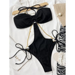 Sexy Ribbed Halter Metal Chains One Piece Swimsuit Women Swimwear Female Monokini High Leg Cut Bather Bathing Suit Swim V4572