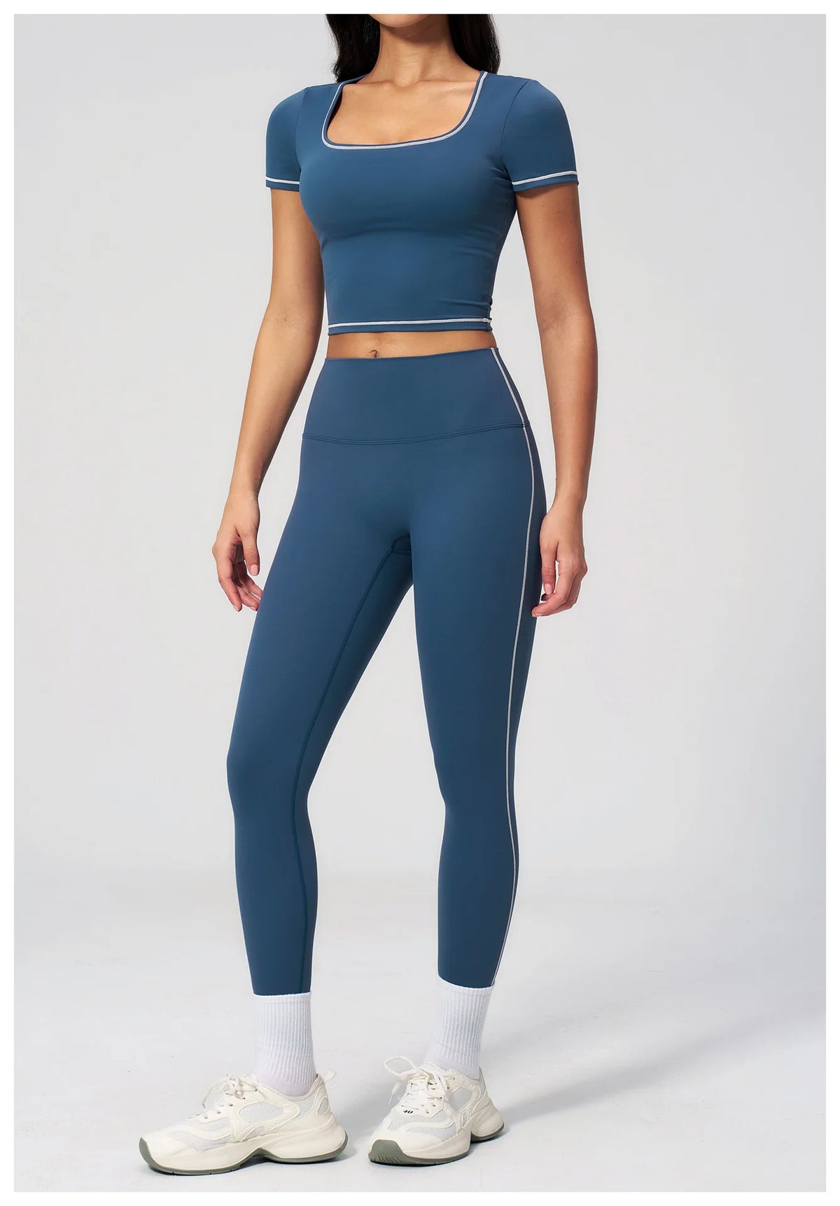 2PC Color Contrast Yoga Suit Women Short Sleeve Square Collar Slim Sports Top Fitness Suits Outdoor Exercise Leggings Tracksuit