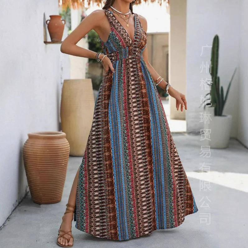 Bohemian Style Print Sleeveless Long Dresses Women Summer V-neck Backless Leace-up Slit Dress Casual Lady Vacation Vestidos