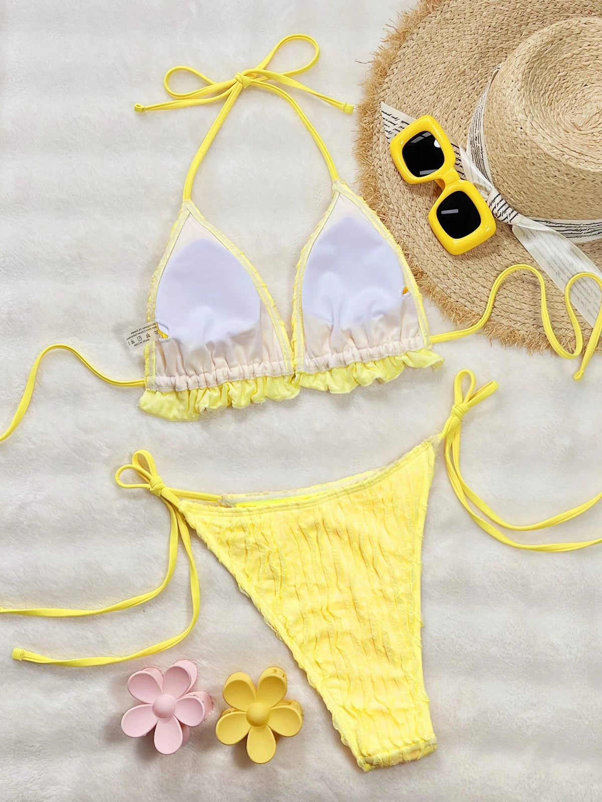 DEKA New Yellow Swimwear Mini Brazilian Ruffled Bikini Set Sexy Laced Up Backless Bikini Women Solid Split Waist Beach Vacation