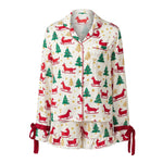 Womens 2025 Christmas Pajamas Sets Print Button Up Long Sleeve Lapel V Neck Tops and Shorts Lounge Wear Satin 2 Pieces Set