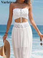 S - XL Bandeau Crochet Knitted 2 Pieces Suits Tunic Beach Cover Up Cover-ups Beach Dress Beach Wear Beachwear Female Women V8218