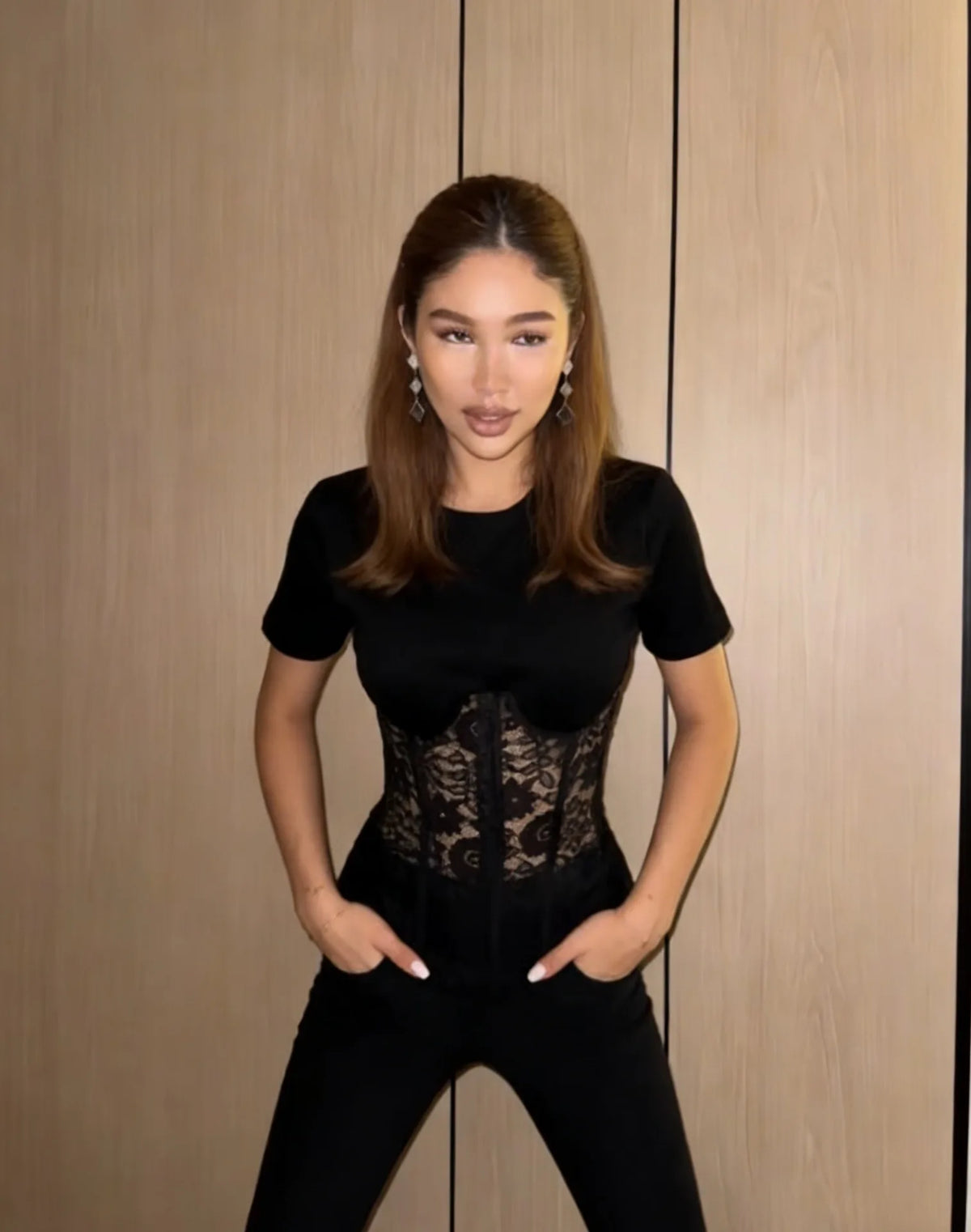 Women's Fashion Casual Elegant style Lace Patchwork Short Sleeve T-Shirt Solid Color T-shirt For Woman Pure Desire Charming 7VN3
