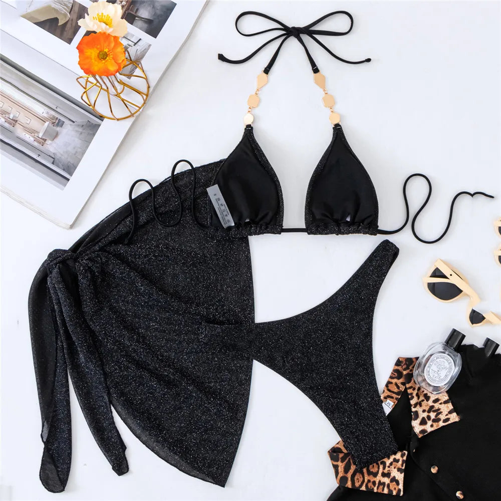 Sexy Black Shiny Swimwear Sarong String Halter Triangle Bikinis Sets 3 Pieces Rhinestone Swimsuit Women 2026 Bather Beachwear