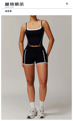 Yoga Shorts Sets Fake Two Piece Hanging Neck Shockproof Vest High Waist Pants Fitness Suit Breathable Women's Tight Sports Set